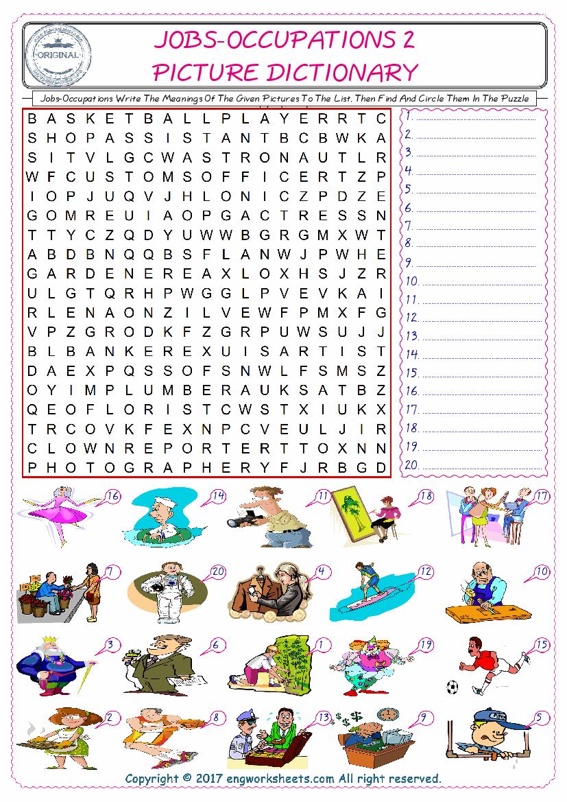  For kids, check the picture of Jobs-Occupations find, and write the word and find it in the word puzzle ESL printable worksheet. 